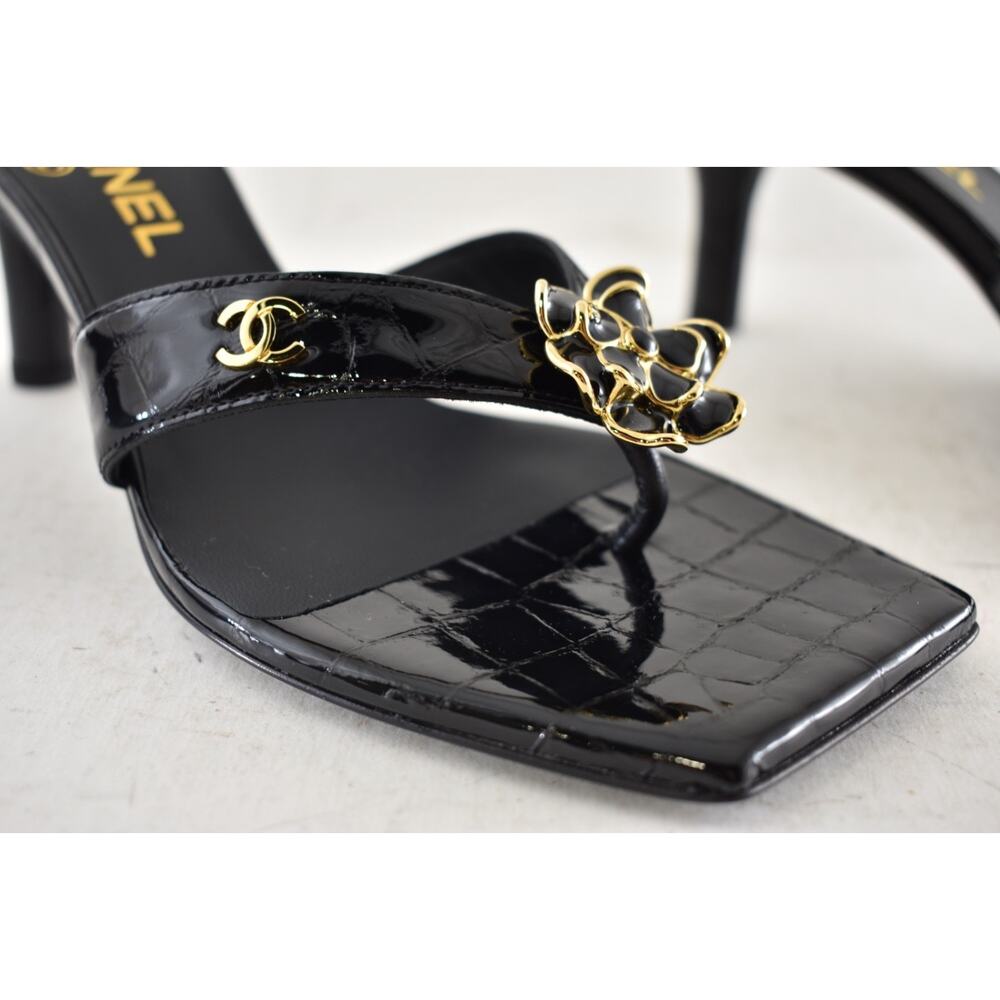 Chanel 26A Black Crocodile Croc CC Flower Backless Mule Heel Thong Sandal 37 - Picture 9 of 16